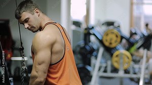 male bodybuilder athlete at the simulator is in a bright shirt, and in the background on the machine shakes his legs lifter weight lifting legs