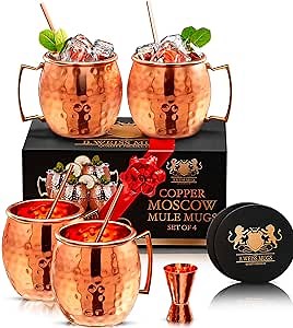Premium Moscow Mule Mugs Set of 4 with Bonus Accessories - 100% Real Copper cups, Handcrafted, 16 oz - Includes Copper Straws, Jigger, and Coasters -Gift for Any Occasion - Food Safe