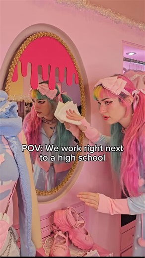 My Violet on Instagram: "The My Violet Staff 🎀 : ✨unbothered. ✨moisturized. ✨happy. ✨in their lane. ✨focused. ✨flourishing. When drama is happening outside though… 👀😌 Who doesn’t love a lil gossip 💅🏻 Drop by our Melrose store to pick up some cutie pieces and hear the hot gossip ! 💕 Models: @prettysourlaura & @sugarvail_ Accessibility : Text on screen says “ POV: We work right next to a high school” while both models are cleaning and tidying up the store but clearly eavesdropping to people