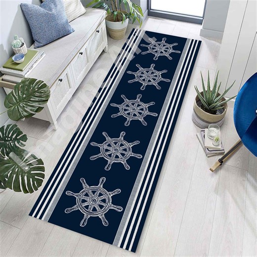 Nautical Wheel Runner Rug: Navy Blue, White, Ship Wheel Design - Etsy