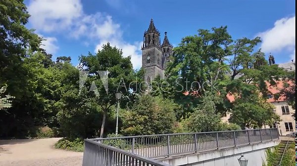 Walking towards Magdeburg Cathedral (Cathedral of Saints Catherine and Maurice) in Magdeburg, Germany