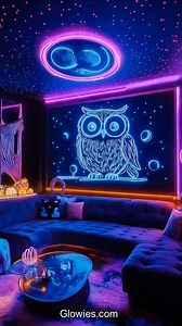 A glowing owl-themed living room feels like a magical forest at night! Soft, twinkling lights make the room glow, just like fireflies in the trees. Owl decorations sit on shelves and tables, their eyes shining in the dim light. Some pillows and blankets have beautiful owl designs, making the space feel cozy and warm. It’s the perfect place to relax and feel like you’re in a peaceful, enchanted woodland.At night, the room looks even more magical! Glow-in-the-dark owl lamps light up with a soft, d