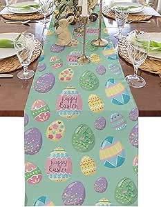 Easter Day Table Runners 13x70inch, Colored Eggs Cotton Linens Table Cloth Dresser Scarves for Parties Wedding, Coffee/Dinning Table Runner, Home Decorations