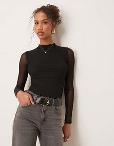 New Look - Body string froncé sur le côté en tulle avec manches longues - Noir | ASOS