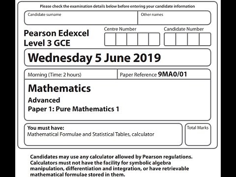 Pure Maths Paper 1 2019 Pearson Edexcel A level maths