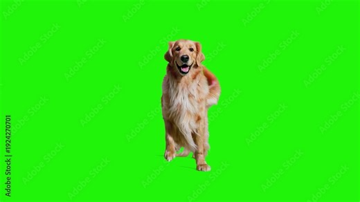 A 3D animated golden retriever dog standing on its hind legs and performing a happy dance. Isolated on a green chroma key background for easy compositing into humorous or celebratory videos.