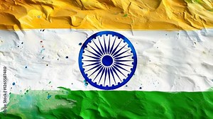 Flag of India: saffron shade, white color, green hue, central Ashoka's wheel, Dharmachakra representation, national emblem, patriotic symbol, unity and diversity, heritage of independence.