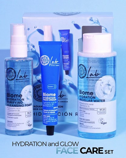 What is BIOME? Biome plays a positive role in helping to maintain healthy and glowing skin and its barrier, and helps protect skin from stress and environmental pollutants. When the microbiome is balanced, skin looks and feels healthy. Discover HYDRATION AND GLOW FACE CARE SET by LAB BIOME by NATURA SIBERICA. A complete routine designed for clean, hydrated and radiant skin: Biome Hydration Micellar Water gently removes impurities. Biome Hydration Purifying Cleansing Foam refreshes and purifies.