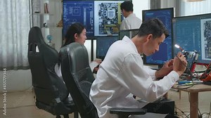 Modern Electronics Development Facility: Asian Engineer And Team Of Multi Scientists Work On Computers, Design Industrial Pcb, New Generation Silicon Microchips, Semiconductors