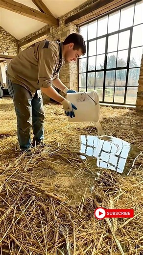 Creating an Epoxy Resin Floor with Hay Grass in a Rustic Barn | ASMR Timelapse #shorts #short