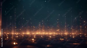 A futuristic city skyline is dotted with glowing blockchain nodes resembling a network of stars in the night sky. This image symbolizes how blockchain technology has the potential Stock Video