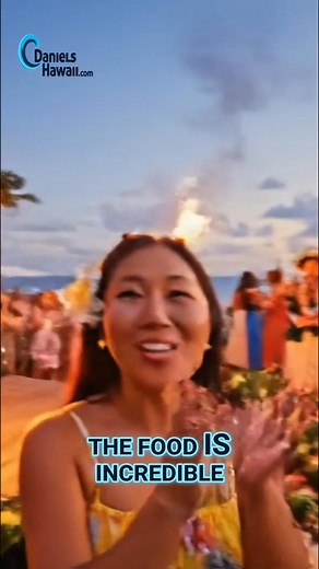 Escape to paradise! A woman in a vibrant yellow dress invites everyone to a festive Hawaiian luau. Mouthwatering food and mesmerizing hula dancers await. A night of culture and celebration. Call / Text to Book 1 (808) 400-4481 or DanielsHawaii.com #HawaiianLuau #HulaDancers #IslandFood #Paradise #Celebration | Hawaii Vacation Tips, Tours & Activities in Hawaii