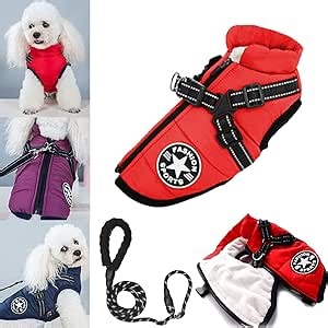 3 in 1 Winter Jacket for Dogs, Waterproof Windproof Dog Snow Jacket with Harness and Zipper, Pet Outdoor Jacket for Small Medium Large Dogs/Cats (Red, 2XL)