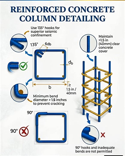 Strong columns start with smart detailing Proper reinforced concrete column detailing ensures safety, durability, and seismic resistance. Use 135° hooks, maintain 40mm clear cover, and avoid 90° hooks for better structural performance. Build it right from the foundation up! #ReinforcedConcrete #ColumnDetailing #StructuralEngineering #ConstructionLife #CivilEngineering #SiteWork #BuildingSafety #SeismicDesign #ConcreteStructure #engineeringbasics | DSE