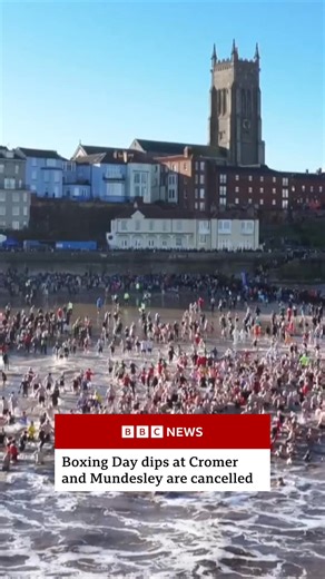 Two Boxing Day dips in Norfolk have been cancelled because of predicted strong winds and high tides. Hundreds had been planning to brave the North Sea at Cromer and Mundesley but both events - run by volunteers to raise money for charity - have been called off. Two other festive swims in the county, at Sea Palling on Boxing Day and Hunstanton on Christmas Day, were still taking place, organisers said. | BBC Norfolk
