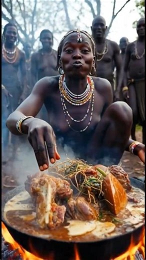 Hadzabe Woman Cooking & Eating Fatty Meat Over Open Fire Raw African Tribal Survival