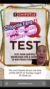 Chipotle fans- play Chipotle IQ test to earn BOGO coupons and fr33 menu items!! Starts at 9:01am on 8/19 #chipotle #chipotlebowl #chipotlehacks #cheapfood #chipotlesponsorme | Em’s Coupon Clips