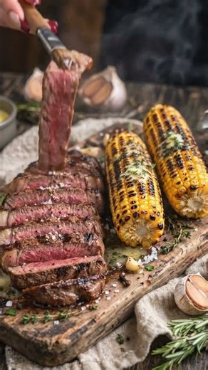 Garlic Butter Grilled Steak with Charred Corn 🌽🧄🌿✨