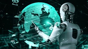 Futuristic robot artificial intelligence huminoid AI transportation analytic technology development and machine learning concept. Global robotic science research for future of human . 3D rendering.