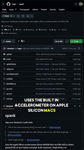 Spank: Slap your MacBook, it yells back. Uses Apple Silicon accelerometer via IOKit HID