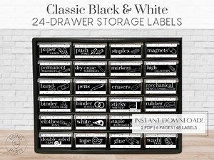 Classic Black & White Labels for Drawer Storage | 24-Drawer Storage Labels