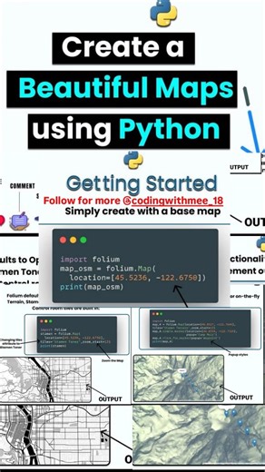 Coding WithMee on Instagram: "Create Stunning Interactive Maps using Python 🗺️🐍 | Folium Tutorial From basic maps to beautiful visualizations – start mapping with Python today! 🚀 Follow for more 👉 @codingwithmee_18 👉 Don’t forget to LIKE 👍 | SHARE 🔄 | FOLLOW 🔔 👉 Follow for more Python & Coding content: @codingwithmee_18 #techreels #explore #viral #trending #trendingreels"