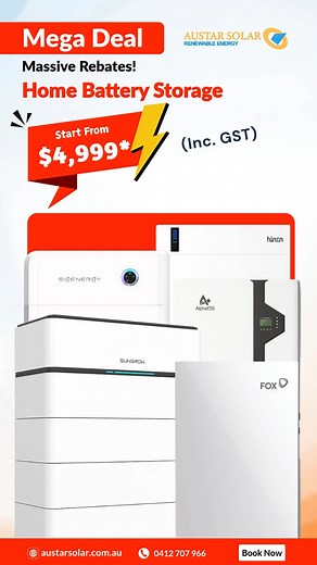 ⚡ Mega Deal with Austar Solar & Renewable Energy 🌟 Massive Rebates on Battery Storage Installation in Australia! Secure your energy future with high-quality battery storage systems, now available at an unbeatable price of just $4,999 (Inc. GST)! ⚡ 💡 Why Choose Austar Solar? 1. Top-tier brands: Sungrow, AlphaESS, Hina, and Sigenery. 2. Maximum savings with amazing rebates. 3 . Long-lasting, energy-efficient solutions. 📞 Don’t miss out! Book your installation today and start saving on energy co