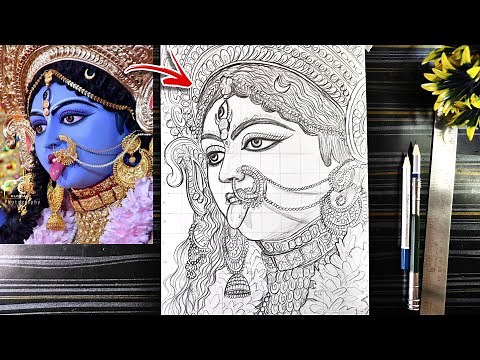 Maa kali Drawing Outline, How To Draw Kali Mata Face, Diwali Drawing, Kali Thakur Drawing Pencil