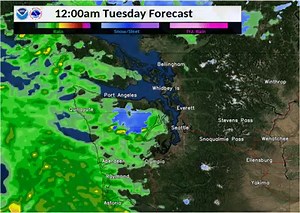 Rain today on the Olympic Peninsula with a few showers elsewhere. Wetter system moves in tonight into Tuesday with more widespread lowland rain & snow for the passes! | US National Weather Service Seattle Washington