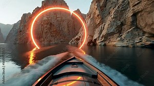 A boat speeds through a river valley towards a glowing neon ring in the landscape. This futuristic image combines natural beauty with science fiction elements, depicting an exciting. Stock Video