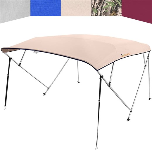 KING BIRD 4 Bow Bimini Boat Top Cover Sun Shade Boat Canopy Waterproof 1 Inch Stainless Aluminum Frame 54" Height with Rear Support Poles and Storage Boot （Beige,85"-90"）