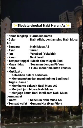 🌻Biodata Nabi Harun AS🌻 Nama lengkap : Harun bin Imran Gelar : Nabi Allah, pendamping Nabi Musa AS Saudara : Nabi Musa AS Ayah : Imran Ibu : Yukabad (Yukabid) Kaum : Bani Israil Tempat tinggal : Mesir dan wilayah Sinai Masa hidup : Sezaman dengan Fir’aun Kitab : Tidak menerima kitab khusus Mukjizat : – Kefasihan dalam berbicara – Menenangkan dan membimbing Bani Israil Tugas utama : – Membantu dakwah Nabi Musa AS – Menjadi juru bicara Nabi Musa – Menjaga kaum Bani Israil saat Nabi Musa bermunaj