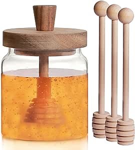 Glass Honey Dispenser No Drip with 3 Wooden Dippers, 18 Oz Oversize Glass Honey Jar with Lid and Engraved Wooden Honey Trowel, Honey Dispenser No Drip Thank You Gift