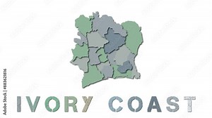 Ivory Coast map with paper regions. Animated country map growing from regions and title letters falling down. Modern 4k animation.