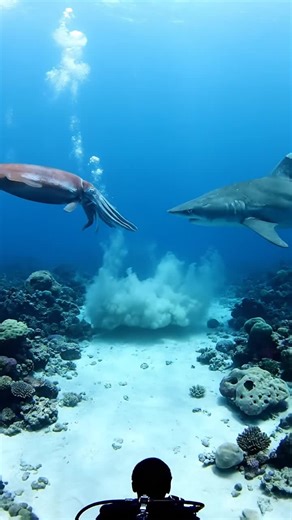 Two colossal deep-sea titans clash in an underwater territorial battle that defies belief. A massive giant squid and an ancient prehistoric shark circle each other in a tense standoff before erupting into an epic confrontation on the ocean floor.