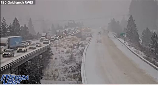 I-80 CLOSED! Westbound traffic is being held at the Nevada-California state line due to multiple spinouts over Donner Summit. This major winter storm will continue to wreak havoc on Sierra travel through tomorrow. Latest >> https://bit.ly/4s10Kp7 | KRNV News 4