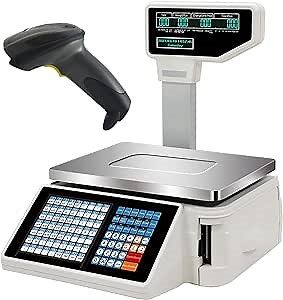 Electronic Weight Calculator Barcode Scales, Digital Price Label Printing Scale, 30kg/66.14 lbs Capacity, for Supermarket/Retail Store/Warehouse Weighing,A+SerialScanner