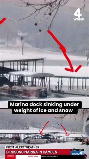 A dock at Birdsong Marina in Camden, Tennessee has sank due to heavy snow and ice. The second dock is sinking. Marina personnel and boat owners were actively working to prevent the dock from taking the tied-off boats down with it on Sunday morning. #marina #winterstorm #dock #weather #tennessee