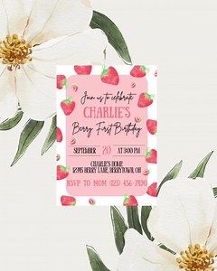 Berry First Birthday Invitation, Berry 1st Birthday Invitation Template, Strawberry 1st Birthday Invite - Etsy