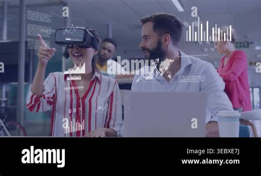 Woman wearing VR headset gesturing and scaling holographic charts, man watching for business demo. Collaboration, office, data, graphs, analytics, interactive, futuristic Stock Video Footage - Alamy