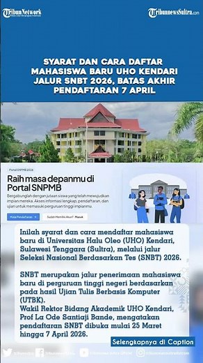 Syarat dan Cara Daftar Mahasiswa Baru UHO Kendari Jalur SNBT 2026, Batas Akhir Pendaftaran 7 April