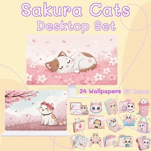 Sakura Cat Desktop Wallpaper & Icon Set: Kawaii Pink Cherry Blossom (digital Download) - Etsy
