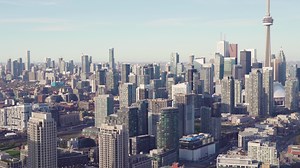 4K Aerial Sequence of Toronto, Canada - Toronto s lakeshore as seen from a helicopter during the day