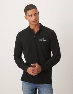 Polo Ralph Lauren script icon logo long sleeve pique polo classic oversized fit in black | ASOS