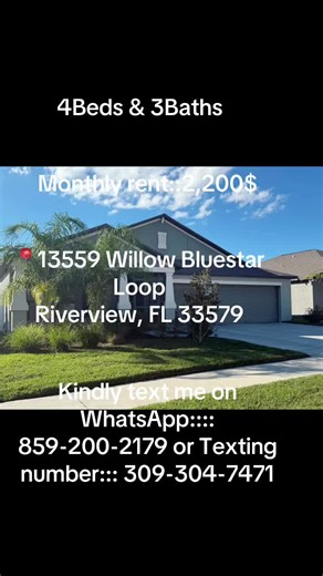 HOUSE FOR RENT 4 Beds & 3 Baths 📐2,576-sqft Rent:::2,200$/mo 📍13559 Willow Bluestar Loop Riverview, FL 33579 ________________________ Welcome to this stunning newer construction home located in the highly sought-after South Fork community in Riverview. Built in 2021, this spacious residence offers 4 bedrooms, 3 full bathrooms, and a rare 3-car garage, providing plenty of space for comfortable living, working from home, and storage. The home features a bright open-concept layout with a modern k