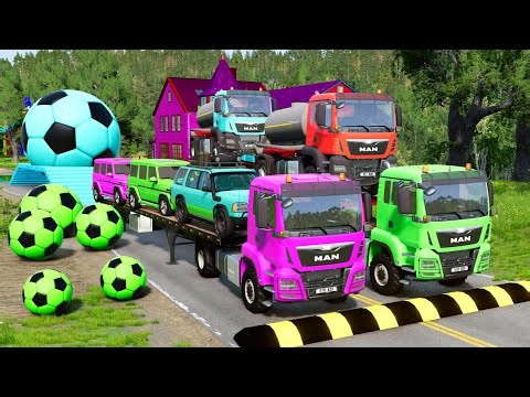 Double Flatbed Trailer Truck vs Speedbumps Train vs Cars | Tractor vs Train Beamng.Drive