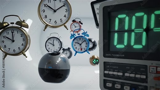 Multiple clocks and a timer floating near a digital counter display on a white background from a straight viewpoint
