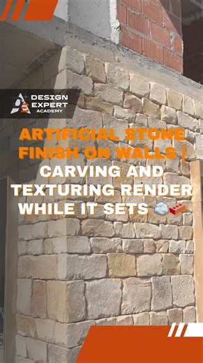 Design Expert INT on Instagram: "Turn a cement render into an artificial stone look by working in setting “windows”: define color in the mix using gray or white cement, clean sand, and evenly dosed mineral/oxide pigments (ideally dry-blended before adding water) to achieve base tones like beige, ochre, or graphite. Prepare a clean, rough substrate, apply a scratch coat for grip, then a build coat thick enough for carving. Lay out the stone pattern and cut the joints while the mix is still fresh;