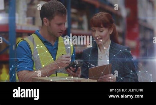 Warehouse duo tapping scanner manager noting tech overlay linking scanner to boxes checking stock. Logistics, inventory, verification, collaboration, barcode, fulfillment, industrial Stock Video Footage - Alamy