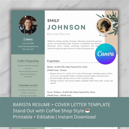 Barista Resume Template A4 With Coffee Photo, Waitress Server CV, Hospitality Resume, Coffee Shop Job Application, Editable Canva - Etsy